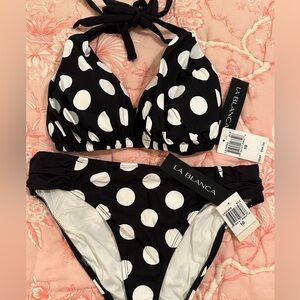 NWT LA BLANCA Polka Dot Bikini black white two piece triangle top. Size 10